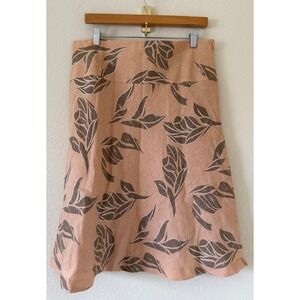 H&M Boho Pink Brown Tropical Leaf Print Linen A-Line Mini Skirt Y2K Size 12